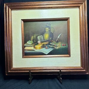 Vintage  Original Custom Framed  Violin on Canvas  Oil Painting by W. Edward